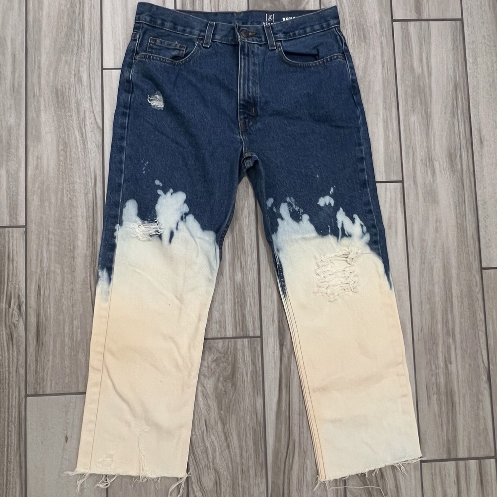 George Custom Bleached Jeans Womens 32x30 Blue Distressed Good Dip Dye Raw Hem